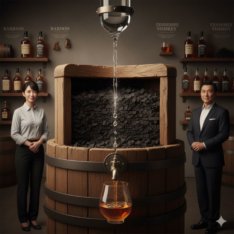蒸留所の貯蔵室のような場所で、テネシーウイスキーのチャコール・メローイング(木炭ろ過)を示す大きな木炭槽が中央に配置されている。ウイスキーが木炭を通り抜けて下のグラスに滴り落ちる様子が描かれ、その両脇には日本人の男女が立っており、背景にはバーボンとテネシーウイスキーのボトルが棚に並んでいる。