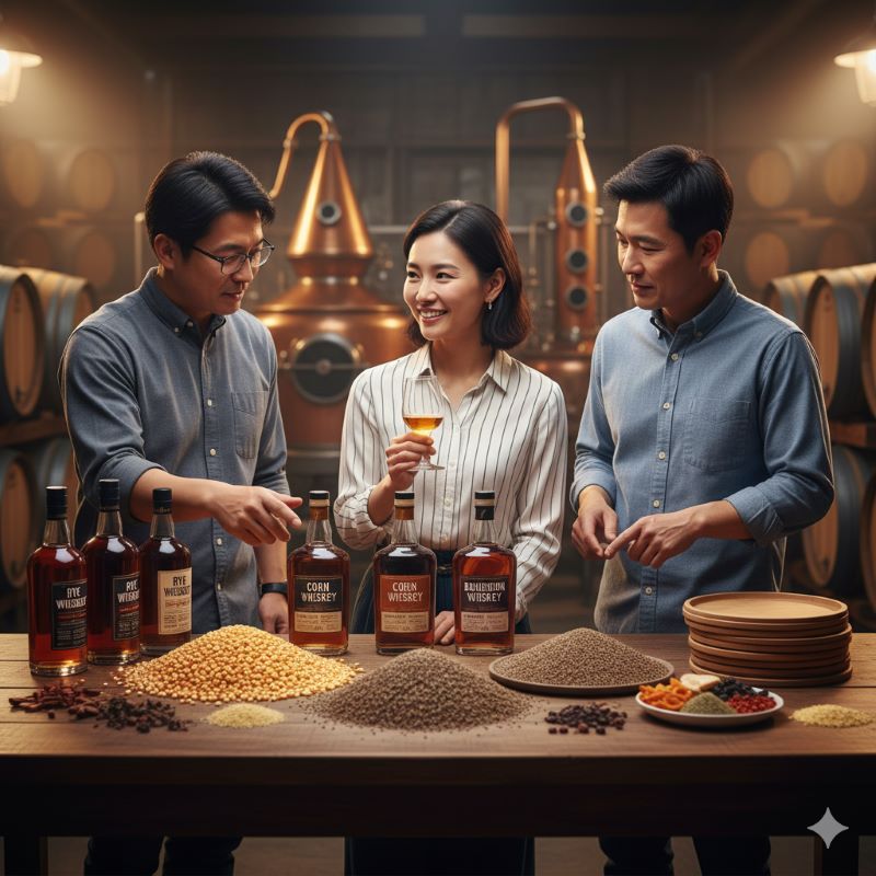 蒸留所の貯蔵庫を背景に、アジア人(日本人)の男女3人がテーブルを囲んでいる。テーブルにはライウイスキーとコーンウイスキーのボトル、それぞれの主原料であるライ麦とトウモロコシの山が置かれ、さらにスパイスや乾燥フルーツが添えられている。女性はウイスキーグラスを手に微笑んでおり、他の二人は原料を指し示しながら比較している。