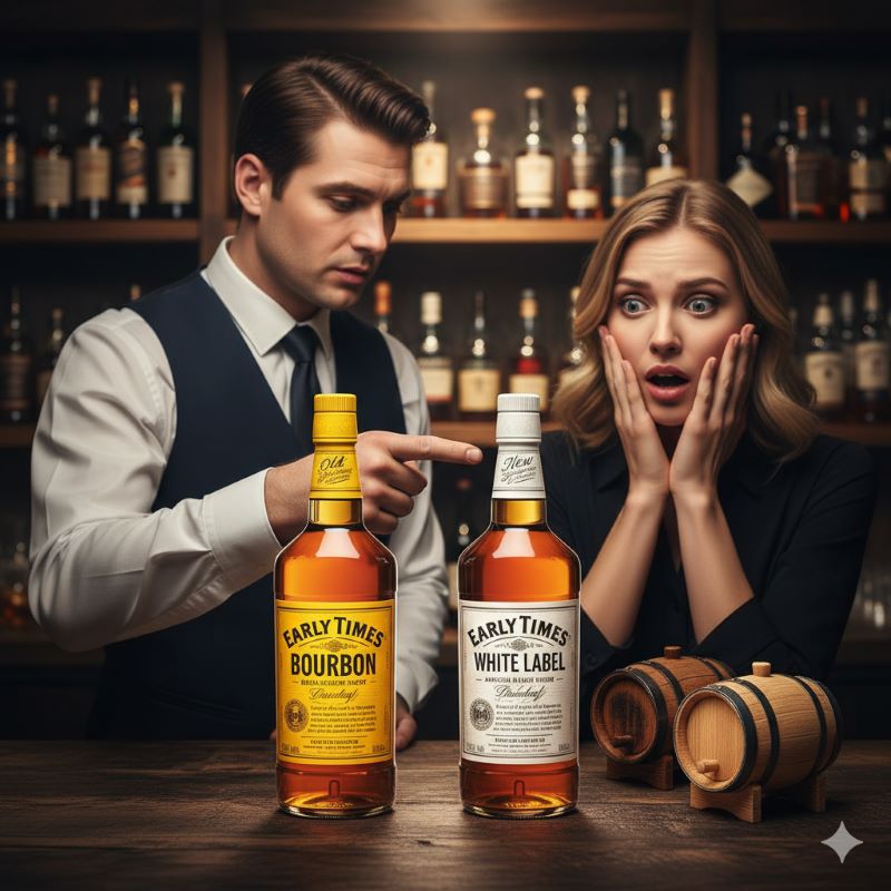 分類が変更された「旧イエローラベル」と「新ホワイトラベル」のアーリータイムズのボトルを並べた比較画像。ラベルデザインと分類表記の変化(バーボンからブレンデッドへ)を視覚的に伝える。