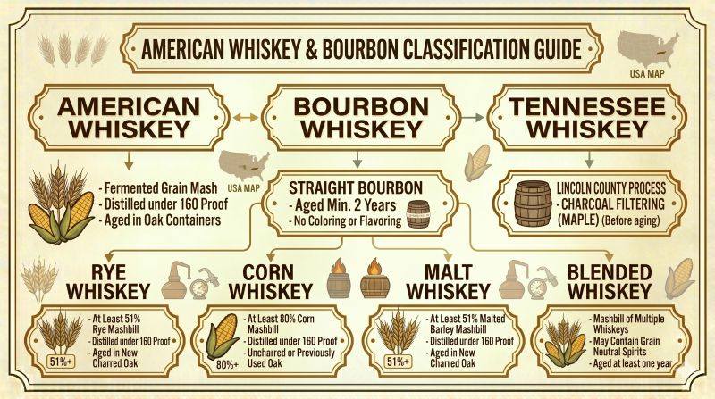 American Whiskey、Bourbon、Straight Bourbon、Rye Whiskey、Corn Whiskey、Tennessee Whiskey、Blended Whiskeyのラベル表示を比較する資料風イメージ