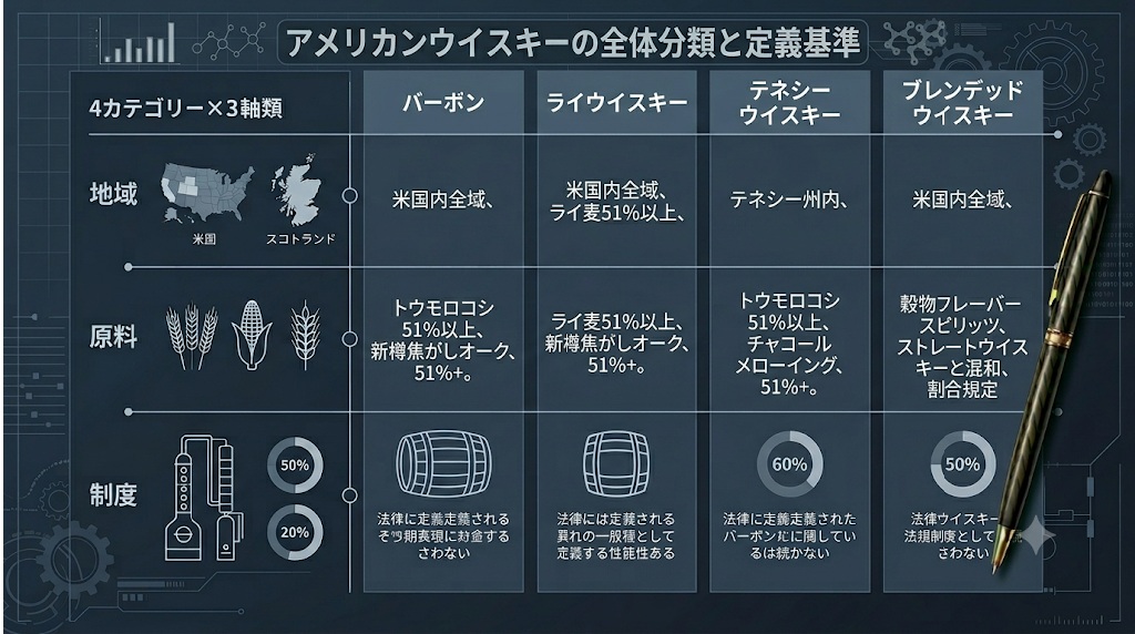 アメリカンウイスキーとバーボンの違いを、分類、原料、製造地、ラベル表示から整理する資料風イメージ
