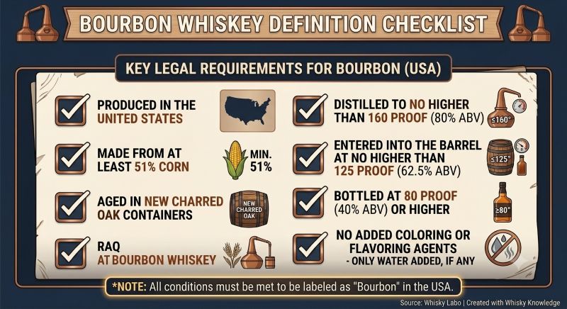 Bourbon、Straight Bourbon、Rye Whiskey、Corn Whiskey、Tennessee Whiskey、Blended Whiskeyのラベル表示を比較する資料風イメージ