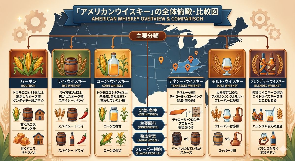 アメリカンウイスキーの主な分類であるバーボン、ライ、コーン、テネシー、モルト、ブレンデッドを整理した比較図
