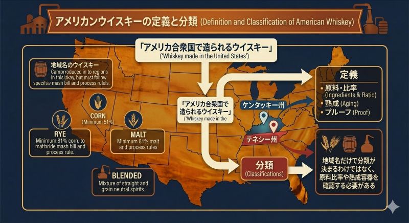 アメリカンウイスキーの製造地と分類を米国地図、原料比率、熟成容器の確認項目で整理した図