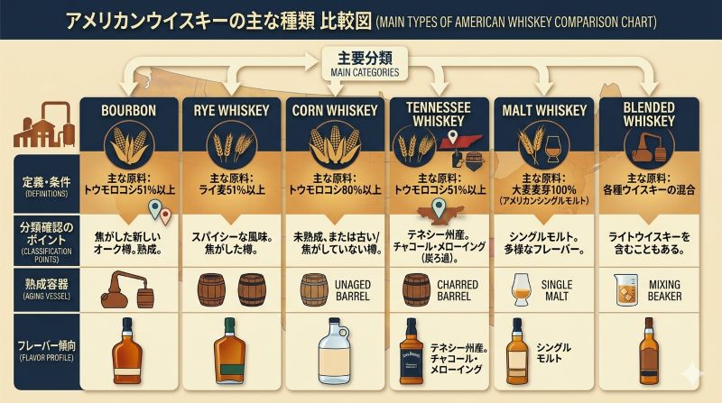 アメリカンウイスキーのバーボン、ライ、コーン、テネシー、モルト、ブレンデッドの主な原料と確認ポイントを整理した比較図
