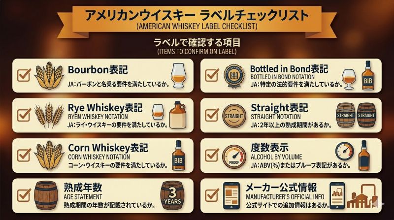 アメリカンウイスキーのラベルで確認したいBourbon、Rye Whiskey、Corn Whiskey、Straight、Bottled in Bond、度数表示を整理したチェックリスト風イメージ