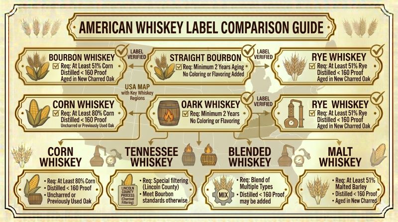 Bourbon、Straight Bourbon、Rye Whiskey、Corn Whiskey、Tennessee Whiskey、Malt Whiskey、Blended Whiskeyのラベル表示を比較する資料風イメージ
