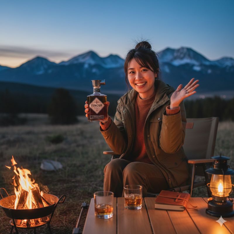 - 焚き火を囲んでティンカップのボトルを持つ日本人女性が笑顔で座っている、ロッキー山脈を背景にしたキャンプ風景。