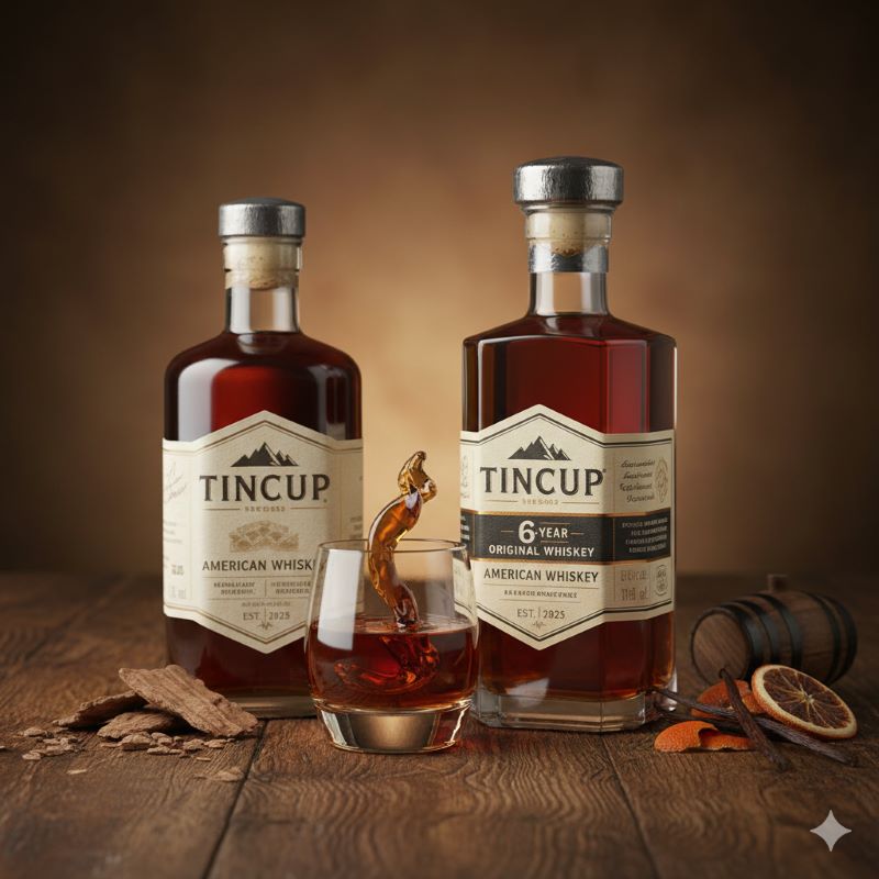 「TINCUP 6-Year Original American Whiskey」のボトルと、旧デザインのボトルが並べられ、グラスにウイスキーが注がれている様子。背景にはオーク樽やスパイスが置かれている。