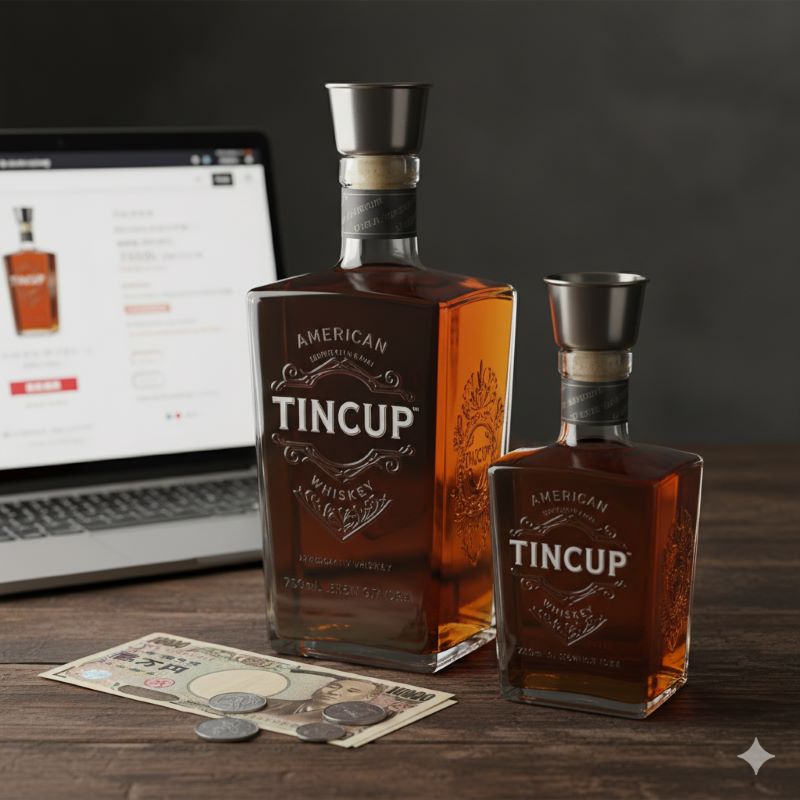 750mlと375mlのティンカップボトルが木製のテーブルに置かれ、手前には日本円の紙幣と硬貨、奥にはオンラインストアの商品ページが表示されたノートパソコンがある。