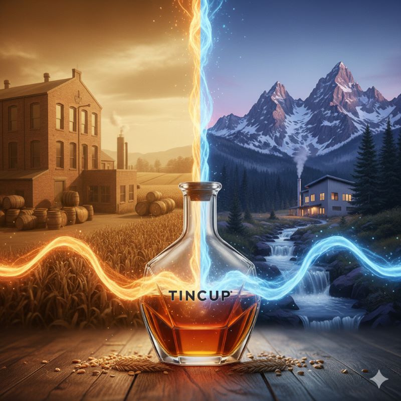 中央にティンカップのボトルがあり、左側にはインディアナの蒸留所と麦畑、右側にはコロラドのロッキー山脈と清流が描かれている。両側から光の帯がボトルへと流れ込み、ブレンド製法を表現している。