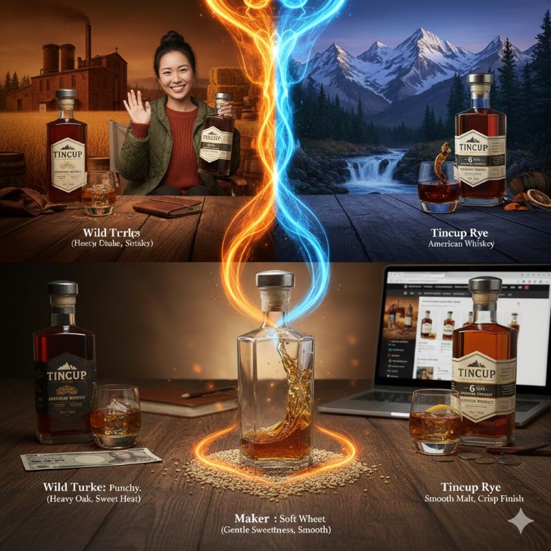 ティンカップ、ワイルドターキー、メーカーズマークのボトルとグラスが並べられ、それぞれの特徴を示す言葉が添えられている。ウイスキーの違いを視覚的に比較している様子。