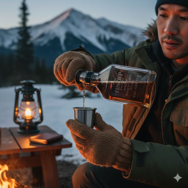 雪山のキャンプ場で、男性がティンカップのボトルから付属の金属製キャップ兼ショットグラスにウイスキーを注いでいる。焚き火とランタンの光が暖かさを演出している。