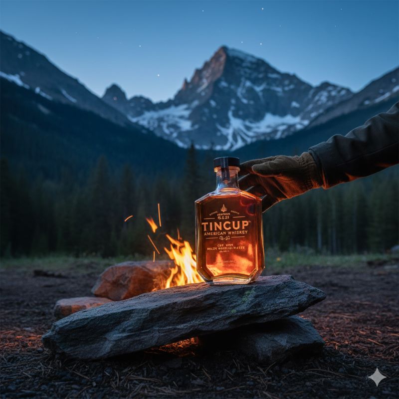 星が輝く夜、雪山を背景にしたキャンプ場で、焚き火のそばに置かれたティンカップのボトルに手が添えられている。焚き火の炎がボトルを照らし、幻想的な雰囲気を醸し出している。