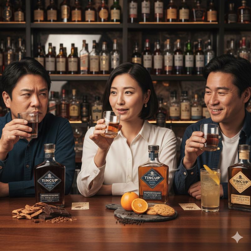 バーカウンターでティンカップを試飲する3人のアジア人男女。一人はウイスキーの風味に考え込んでいるように見え、もう二人は楽しそうにグラスを傾けている。テーブルにはティンカップのボトル、オレンジ、スパイスなどが置かれ、背景には様々なウイスキーボトルが並んでいる。