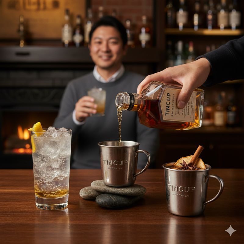バーカウンターで、手前にハイボール、金属製マグカップに注がれるティンカップのストレート、ホットトディが並べられている。奥には暖炉の前で微笑むアジア人男性がウイスキーを手にしている。