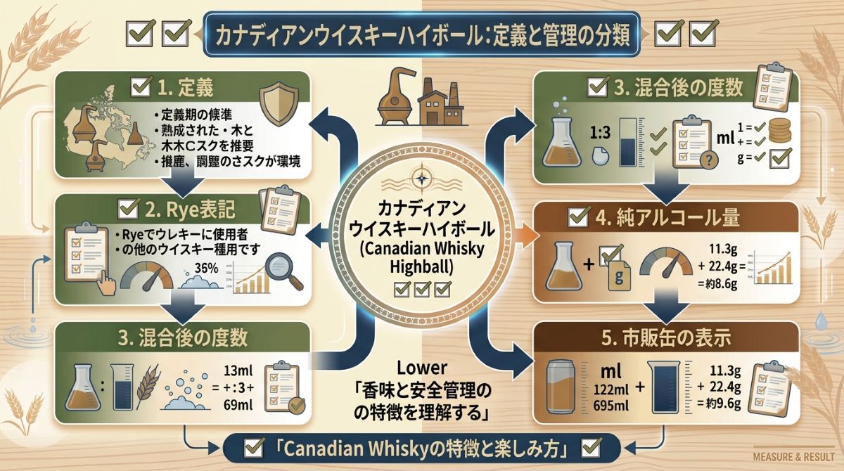 alt="カナディアンウイスキーハイボールの定義、Rye表記、度数、純アルコール量、市販缶の表示を整理した図"