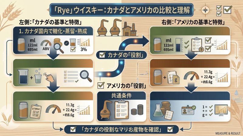 alt="カナディアンウイスキーの公的な製造条件とRye表記だけでは判断できない原料割合を左右で整理した図"