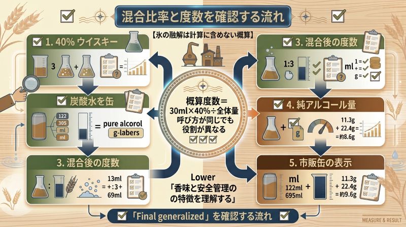 alt="40%のウイスキー30mlを全体120mlと150mlに希釈した場合の概算度数と純アルコール量を示す計算図"
