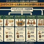 スコッチウイスキーの基本条件として製造地、熟成樽、熟成年数、蒸留度数、瓶詰め度数を示すチェックリスト風イメージ