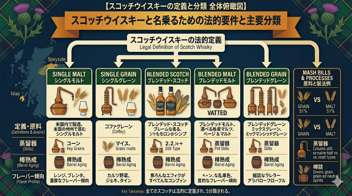 スコッチウイスキーの基本条件として製造地、熟成樽、熟成年数、蒸留度数、瓶詰め度数を示すチェックリスト風イメージ