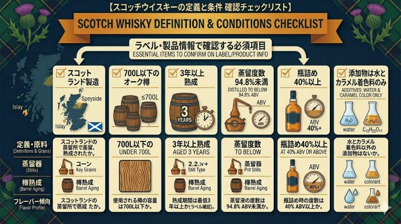 スコッチウイスキーの基本条件として製造地、熟成樽、熟成年数、蒸留度数、瓶詰め度数を示すチェックリスト風イメージ