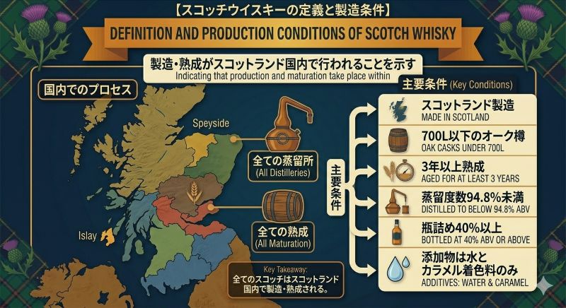 スコッチウイスキーがスコットランドで製造・熟成される条件を示す地図風の資料イメージ