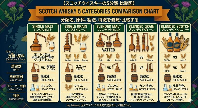 スコッチウイスキーの5分類であるSingle Malt、Single Grain、Blended Malt、Blended Grain、Blended Scotchを整理した比較図