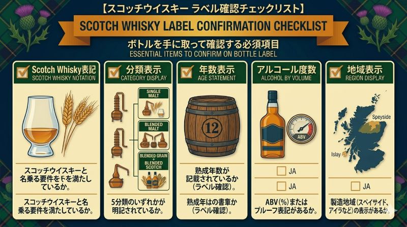 スコッチウイスキーのラベルで確認したい分類表示、年数表示、アルコール度数、地域表示を示すチェックリスト風イメージ
