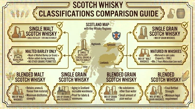 Single Malt、Single Grain、Blended Malt、Blended Grain、Blended Scotchのラベル表示を比較する資料風イメージ