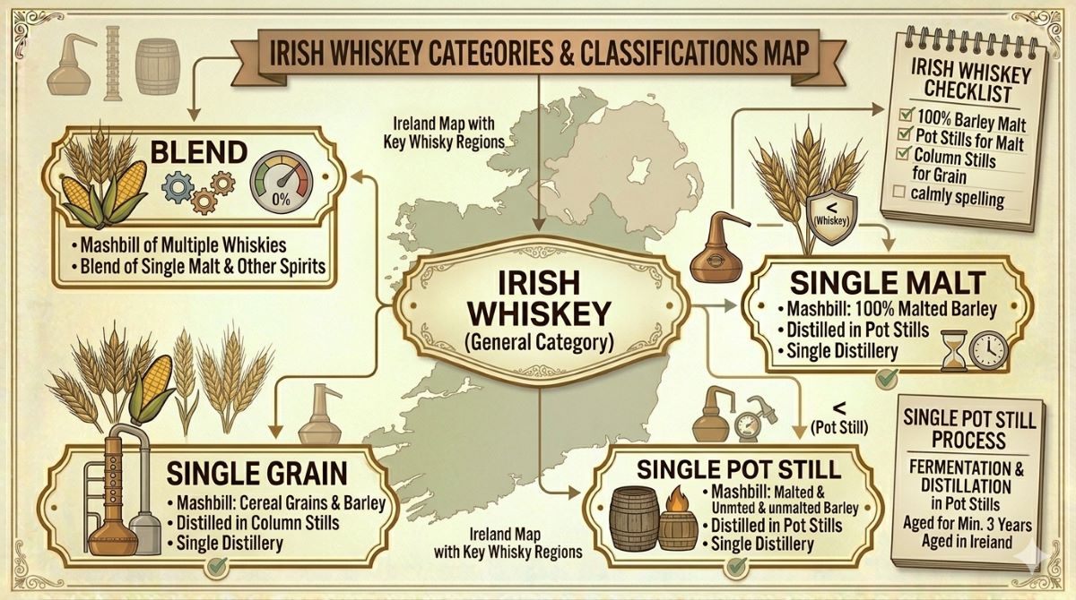 The Buskerを例にBlend、Single Malt、Single Grain、Single Pot Stillの4分類を示す資料風イメージ