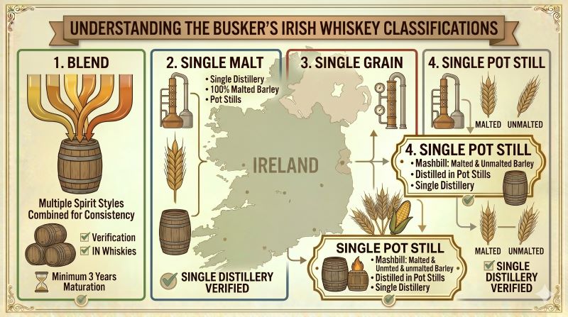 Blend、Single Malt、Single Grain、Single Pot Stillのラベル表示を比較する教材風イメージ