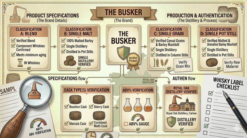 The Buskerの分類表示、熟成樽、ABV、Royal Oak Distillery表記を確認するチェックリスト風イメージ
