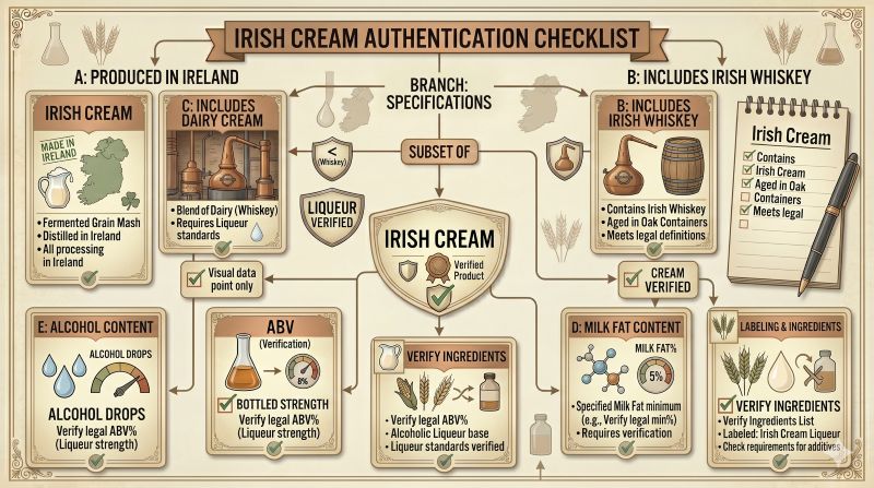 アイルランド島での製造、クリーム、アイリッシュウイスキー、アルコール表示を示すチェックリスト画像