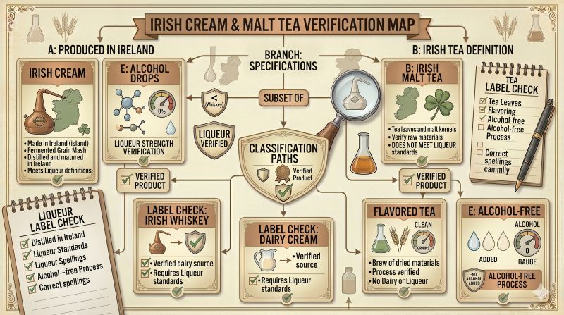 Irish Cream、Cream Liqueur、Alcohol、Tea、Flavored Tea、Alcohol-freeの表示を確認するラベルカード風イメージ
