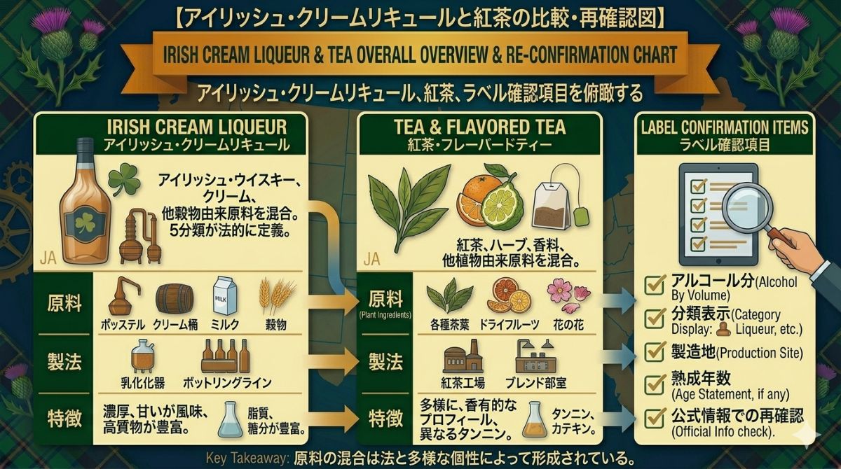 アイリッシュウイスキークリームをリキュール、紅茶、表示確認の3項目で整理した資料風イメージ