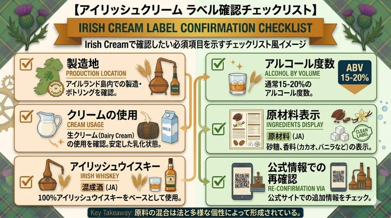 アイリッシュウイスキークリーム関連商品の分類、アルコール度数、原材料を確認するチェックリスト風イメージ