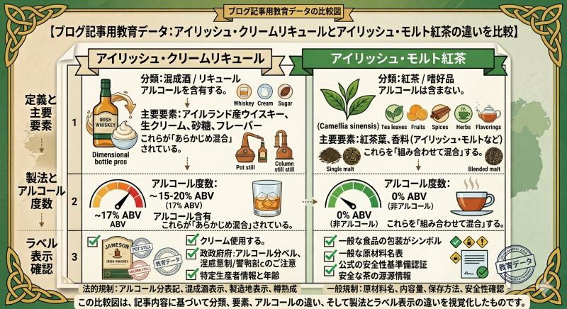 アイリッシュクリームリキュールとアイリッシュモルト紅茶の違いを比較した資料風イメージ