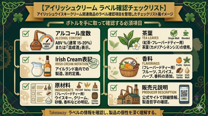 アイリッシュウイスキークリーム関連商品のアルコール表示、原材料、保存方法を確認するチェックリスト風イメージ