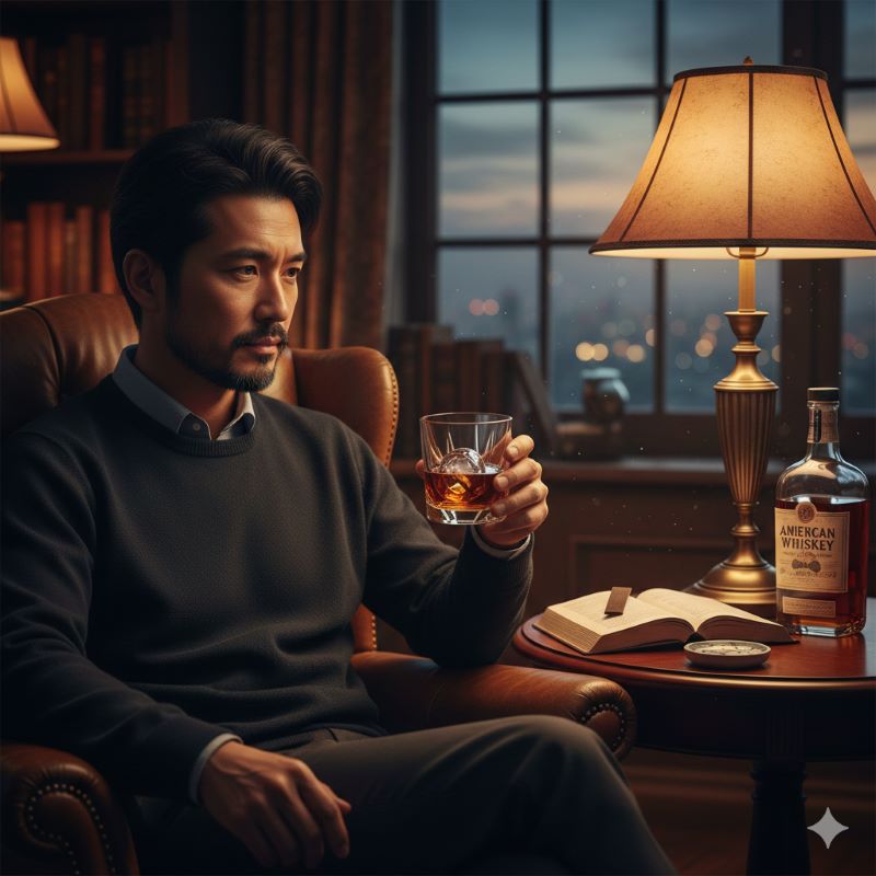 夕暮れの書斎で、ロックグラスに入った琥珀色のアメリカンウイスキーを片手にリラックスしている日本人男性。テーブルにはウイスキーのボトルと本が置かれ、落ち着いた雰囲気を醸し出している。