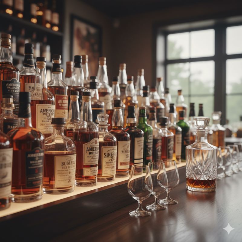 明るい光が差し込むバーカウンターに、様々な形や色のアメリカンウイスキーボトルが並べられている。手前にはテイスティンググラスが数脚置かれ、多様なウイスキーの世界観を表現している。