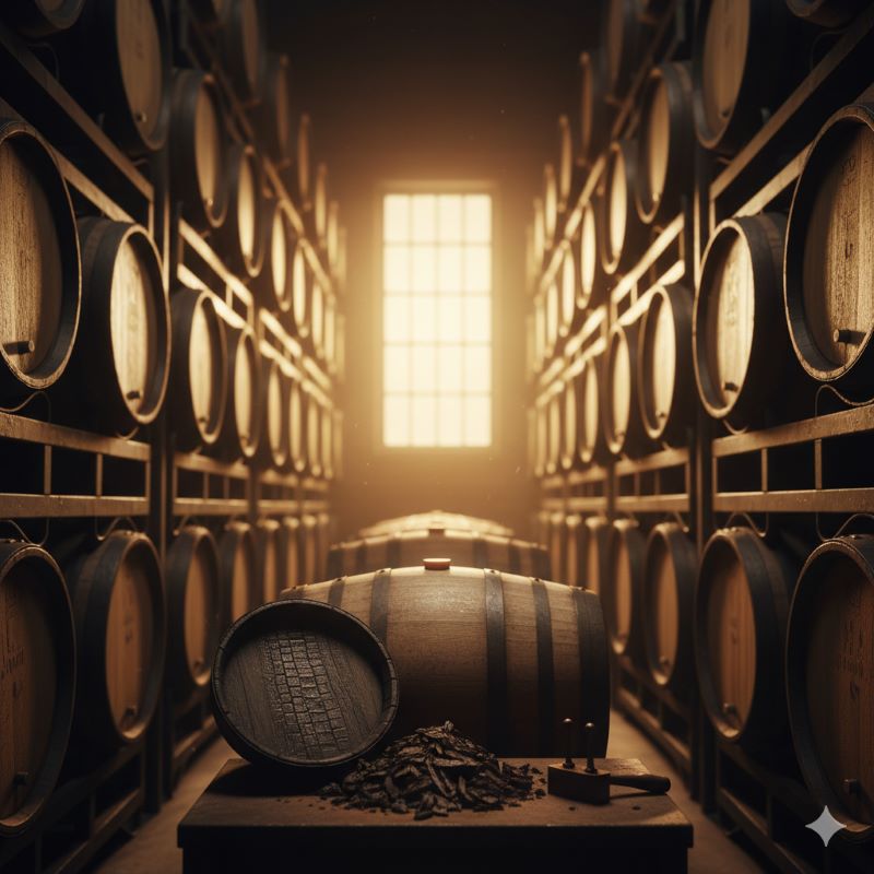 貯蔵庫に並べられた、内側を焦がしたオーク樽。隙間から差し込む光がホコリと樽の質感を際立たせ、ウイスキーの熟成過程を想起させる。