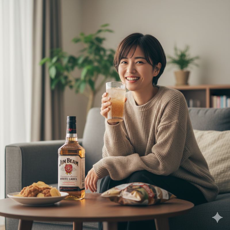 自宅のリビングで、テーブルに置かれたジムビームホワイトとハイボールグラスを前に、笑顔でリラックスしている日本人女性。手頃な価格で楽しめる日常のウイスキー体験を示唆している。