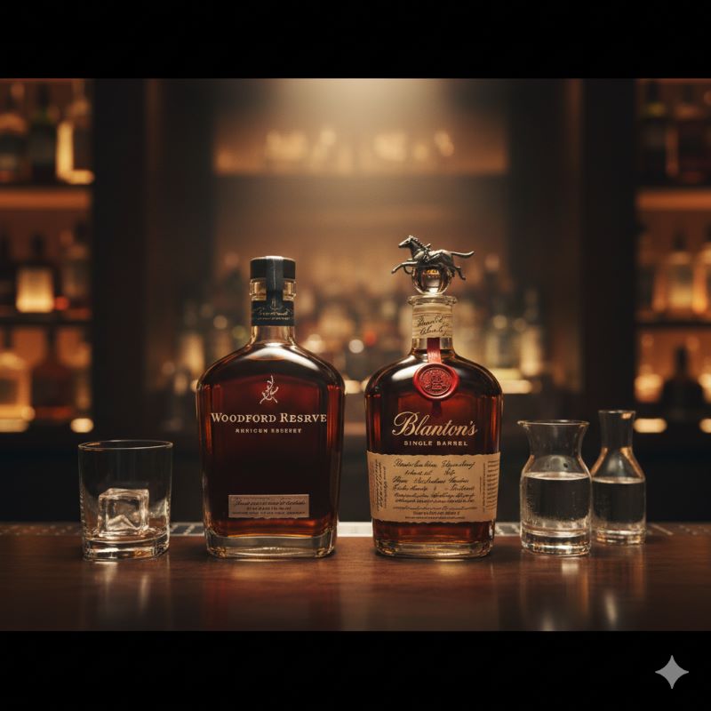 エレガントなバーのカウンターで、洗練されたデザインの高級アメリカンウイスキーのボトル(ウッドフォードリザーブやブラントンをイメージさせる)がスポットライトを浴びている。奥にはグラスとチェイサーが置かれ、特別な時間を演出している。