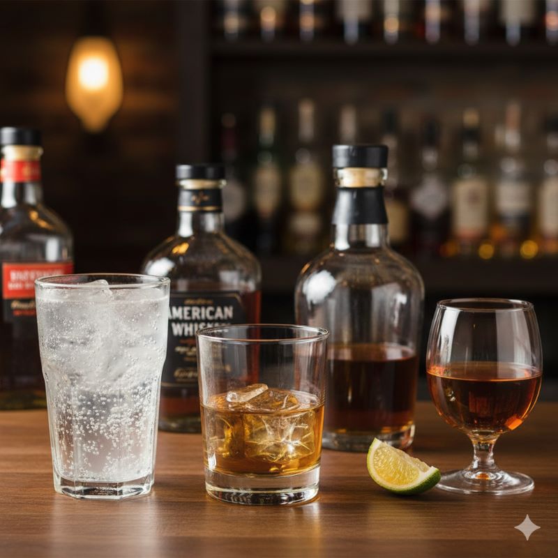 さまざまなスタイルで提供されたアメリカンウイスキー。手前には氷がたっぷり入ったハイボール、奥にはストレートとロックグラスが並べられ、異なる飲み方とそれぞれの魅力を表現している。
