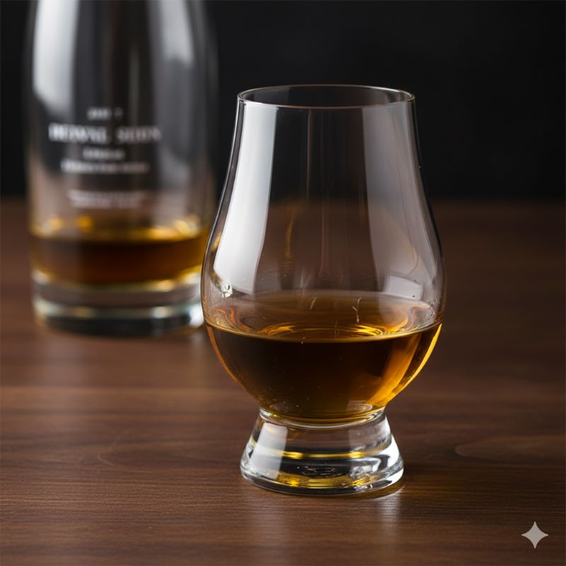 スタイリッシュな木製のテーブルに、グレンケアンブレンダーズグラス、薄づくりグラス、木村硝子店のグラスという3種類のウイスキーグラスが並べられている。それぞれのグラスには少量のウイスキーが注がれ、グラスの形状の違いが強調されている。