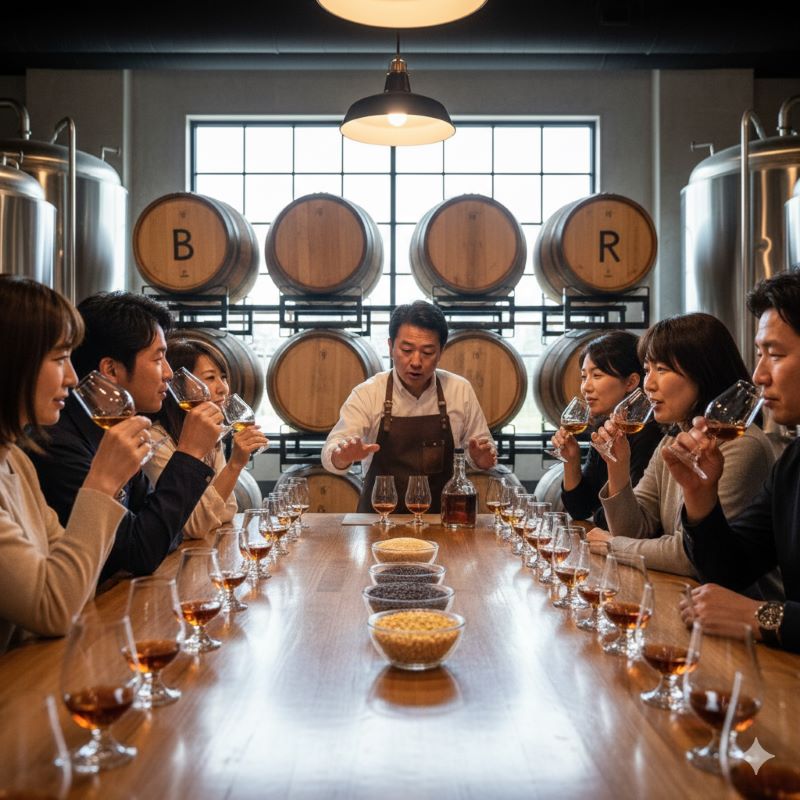 蒸留所のテイスティングルームで、マスターブレンダーがバーボンとライウイスキーの原料や製法の違いを説明している。テーブルには異なる種類のウイスキーが並べられ、参加者たちが熱心に聞き入り、香りを試している様子。