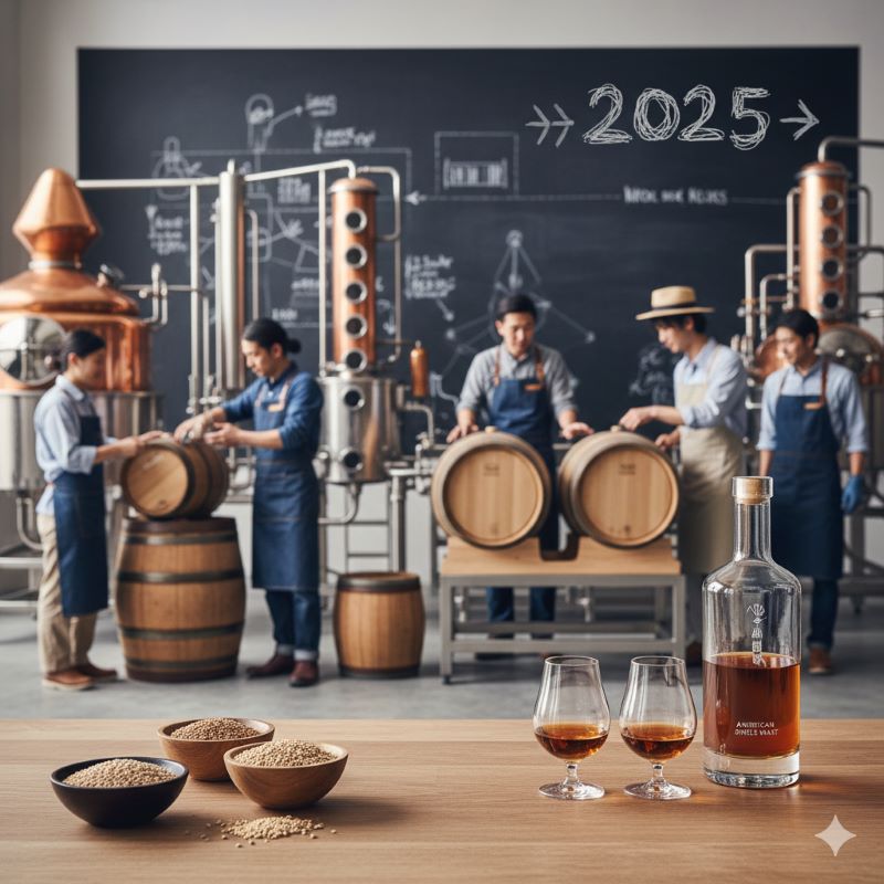 活気ある蒸留所の内部で、数人の職人たちがウイスキー製造の工程に従事している。背景には蒸留器と熟成樽が並び、手前にはアメリカンシングルモルトのボトルとテイスティンググラスが置かれている。