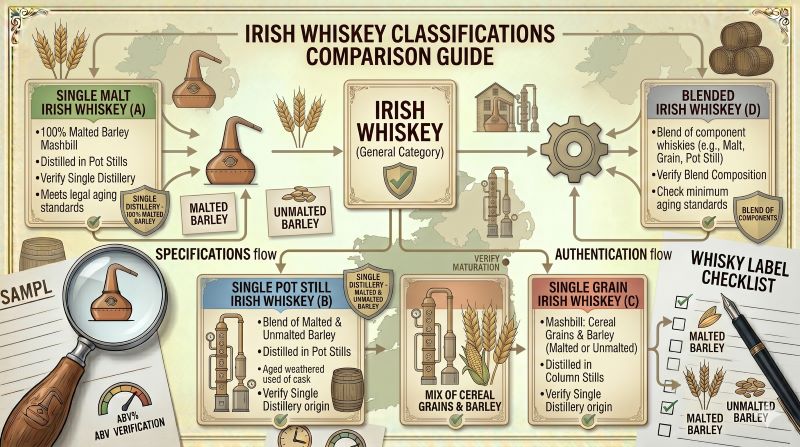 Single Malt、Single Pot Still、Single Grain、Blendedの違いを原料と蒸留方法で比較する教材風イメージ