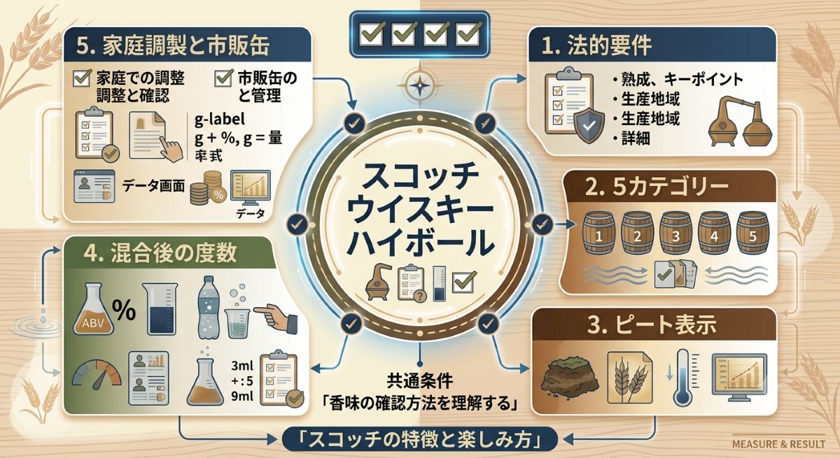 スコッチウイスキーハイボールの法的要件、5カテゴリー、度数計算、表示確認の論点を整理した図